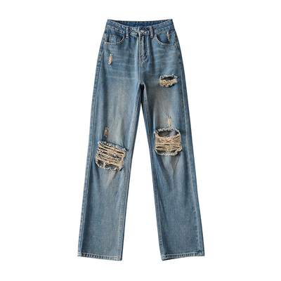 Factory Customized European Style Fashionable High Waist Woman Ripped Jeans