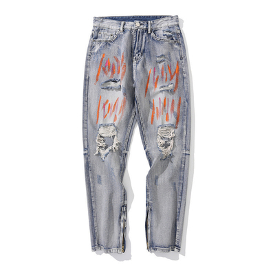 OEM Washed Blue Ripped Jeans Unisex Split Pants With Graffiti Denim Manafacturer