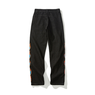 OEM Flame-Embroidered Jeans Denim Apparel Factory MOQ 100pcs Custom Label