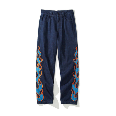 OEM Flame-Embroidered Jeans Denim Apparel Factory MOQ 100pcs Custom Label