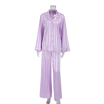 2022 Summer customized shirt pajamas set purple stripes long-sleeved silk pajamas set for ladies home wear