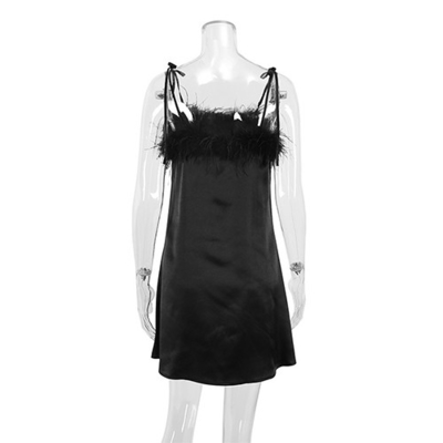 Ladies Summer Black Halter Nightdress Loose Ice Silk Short Pajamas With Feather