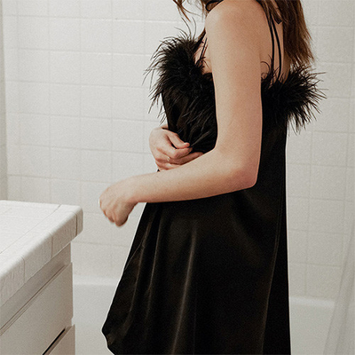 Ladies Summer Black Halter Nightdress Loose Ice Silk Short Pajamas With Feather