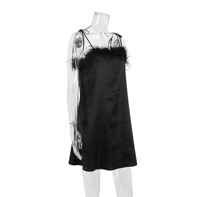 Ladies Summer Black Halter Nightdress Loose Ice Silk Short Pajamas With Feather