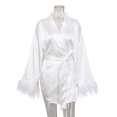 OEM maufactory  Autumn Pajamas Sexy Bath Long Sleeved Feathers Satin Robe Pure Color French Leisure