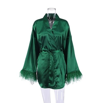 OEM maufactory  Autumn Pajamas Sexy Bath Long Sleeved Feathers Satin Robe Pure Color French Leisure