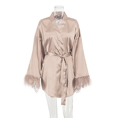 OEM maufactory  Autumn Pajamas Sexy Bath Long Sleeved Feathers Satin Robe Pure Color French Leisure