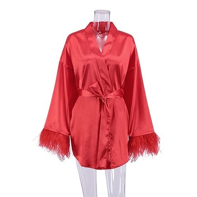 OEM maufactory  Autumn Pajamas Sexy Bath Long Sleeved Feathers Satin Robe Pure Color French Leisure