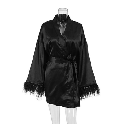 OEM maufactory  Autumn Pajamas Sexy Bath Long Sleeved Feathers Satin Robe Pure Color French Leisure