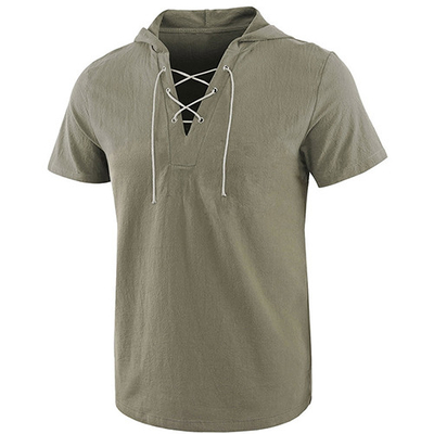 2021 Summer Causal Loose Solid Hooded Lace Up Short Sleeve T Shirt For Men