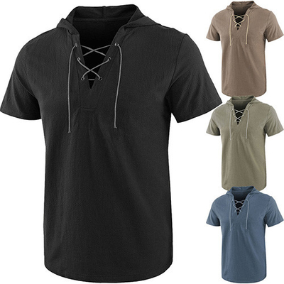2021 Summer Causal Loose Solid Hooded Lace Up Short Sleeve T Shirt For Men
