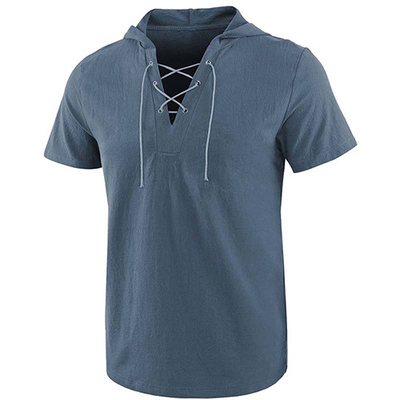 2021 Summer Causal Loose Solid Hooded Lace Up Short Sleeve T Shirt For Men