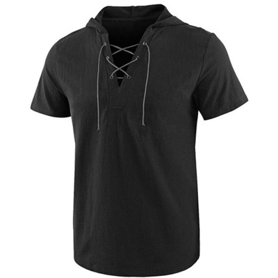 2021 Summer Causal Loose Solid Hooded Lace Up Short Sleeve T Shirt For Men