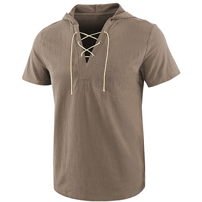 2021 Summer Causal Loose Solid Hooded Lace Up Short Sleeve T Shirt For Men