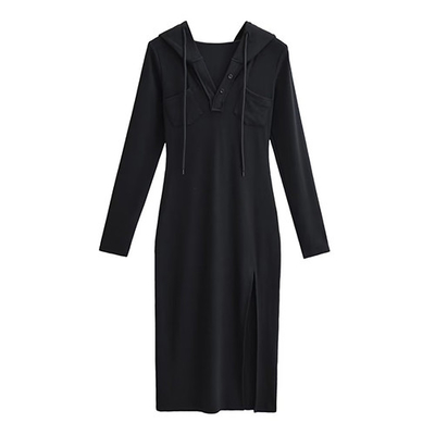 Summer V Neck Long Sleeved Slim Hooded Dress With Side Slit Buttock Skirt