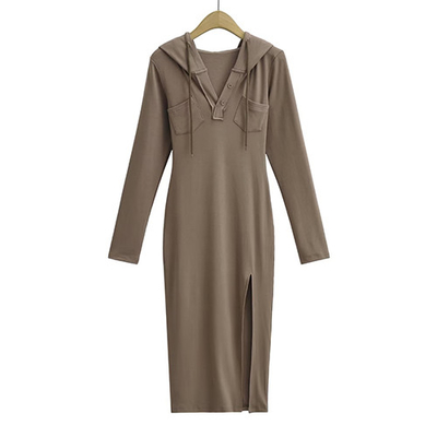 Summer V Neck Long Sleeved Slim Hooded Dress With Side Slit Buttock Skirt