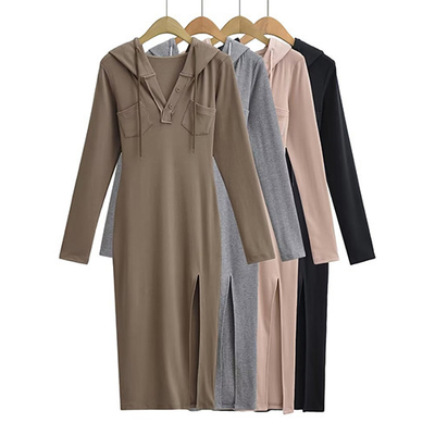 Summer V Neck Long Sleeved Slim Hooded Dress With Side Slit Buttock Skirt