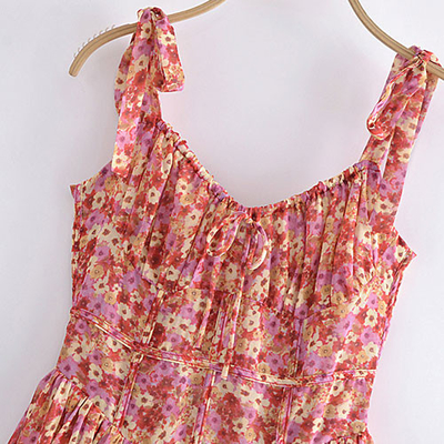 French Sweat Floral Lace Up Suspender Dress Slimming Sexy Backless Short Skirt