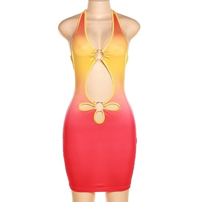 OEM maufactory European and American style 2023  spring women's new sexy hollow hanging neck open back gradient colorful