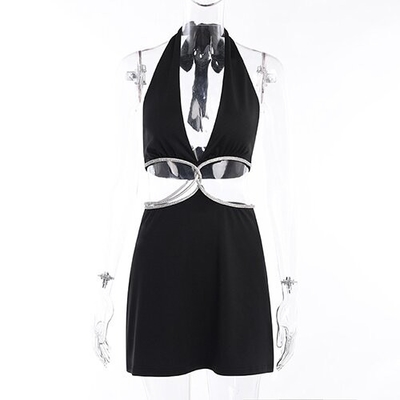 OEM maufactory sexy skirt spring new polyester sleeveless  deep V beauty back waist hollow bag dress