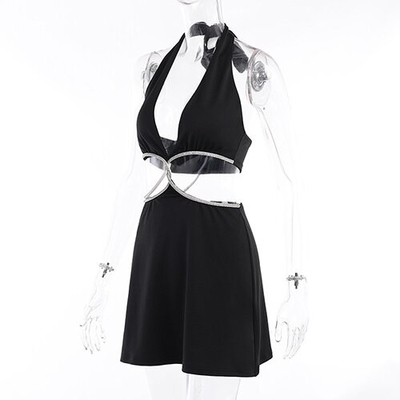 OEM maufactory sexy skirt spring new polyester sleeveless  deep V beauty back waist hollow bag dress