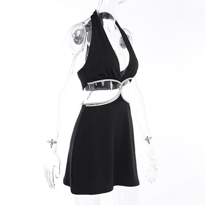 OEM maufactory sexy skirt spring new polyester sleeveless  deep V beauty back waist hollow bag dress