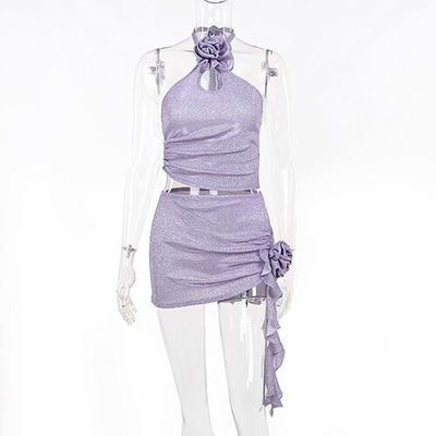OEM maufactory Summer newpolyester sleeveless parties sexy slim hot girl stereo flower design hanging neck top suits