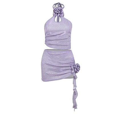 OEM maufactory Summer newpolyester sleeveless parties sexy slim hot girl stereo flower design hanging neck top suits