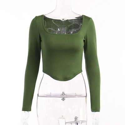 OEM maufactory Casual Top Female Autumn Polyester Long Sleeve Sexy Circular Babes U Collar T Shirts