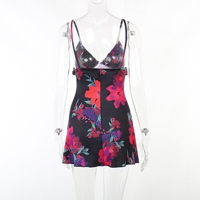 OEM maufactory European and American  polyrster sleeveless short skirt sexy V -neck rose printed ruffled camisole dress
