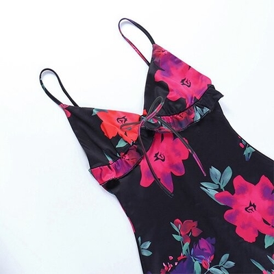 OEM maufactory European and American  polyrster sleeveless short skirt sexy V -neck rose printed ruffled camisole dress