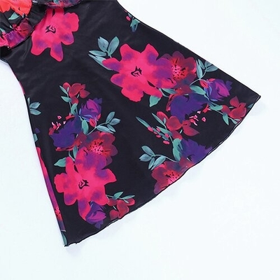 OEM maufactory European and American  polyrster sleeveless short skirt sexy V -neck rose printed ruffled camisole dress