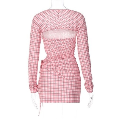OEM  maufactory long -sleeved short skirt side polyester women's pink lattice dress