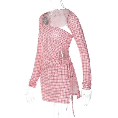 OEM  maufactory long -sleeved short skirt side polyester women's pink lattice dress