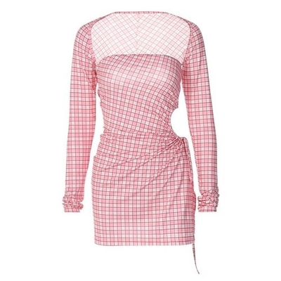 OEM  maufactory long -sleeved short skirt side polyester women's pink lattice dress