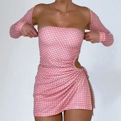 OEM  maufactory long -sleeved short skirt side polyester women's pink lattice dress