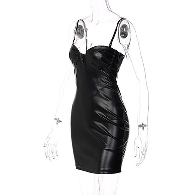 OEM  maufactory New Women's  Deep V -neck sleveless polyester Deep -back dress high -waist hip tight PU leather skirt