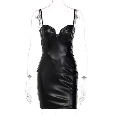 OEM  maufactory New Women's  Deep V -neck sleveless polyester Deep -back dress high -waist hip tight PU leather skirt