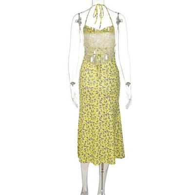 OEM  maufactory European and American printed flower sleeveless  sling long skirt sexy back strap