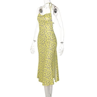 OEM  maufactory European and American printed flower sleeveless  sling long skirt sexy back strap
