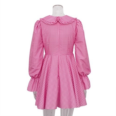 OEM maufactory Cross Border Women'S Pink Polyester Lattice Doll Collar Long Sleeve Dress