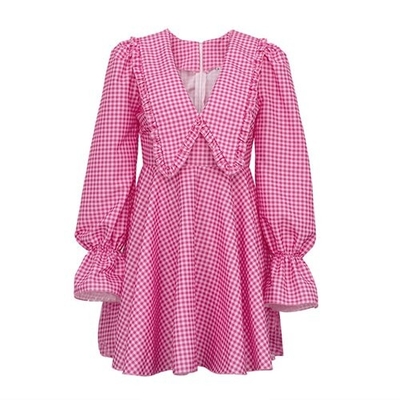 OEM maufactory Cross Border Women'S Pink Polyester Lattice Doll Collar Long Sleeve Dress