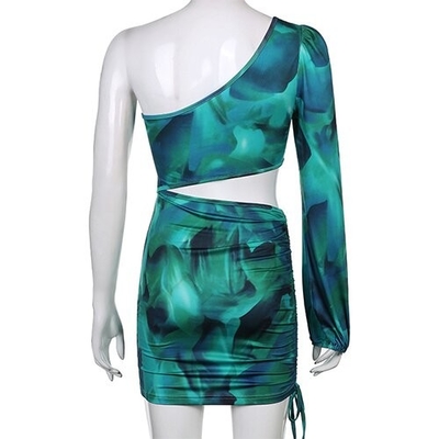 OEM maufactory Tie Dye Oblique Shoulder Polyester Commute Hip Rope Skirt Stitching Long Sleeved