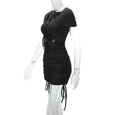OEM maufactory  Polyester maufactory Cross Border Women'S European American Vedic Tie Dress Hollow Short Sleeved