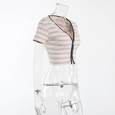 OEM maufactory Keliou Foreign Trade polyester  cross -border European and American  sexy short zipper rainbow t -shirt