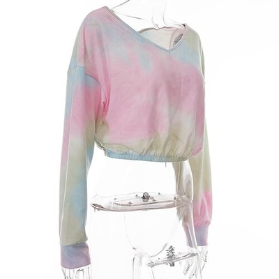 OEM maufactory European and American  polyester new long -sleeved V -neck loose band -dyeing printed short T -shirt w