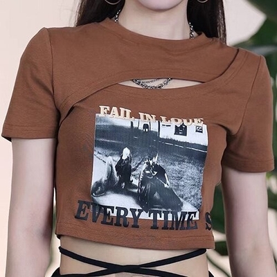 OEM Summer European And American Sexy Female T -Shirts Printing Hollowed Umbilical