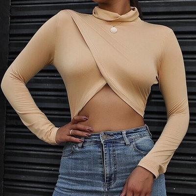 OEM Women'S Sexy Long Sleeved T -Shirt Elastic Slim Tube Top Irregular Split