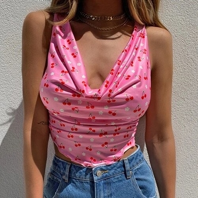 OEM maufactorCross -border European and American women's clothing  sexy deep V -neck floral vest tight navel camping top
