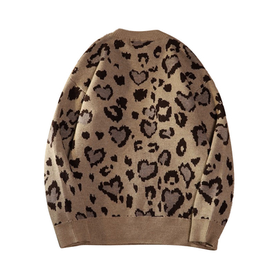 70% Polyester 30% Cotton Leopard Print Sweater Round Collar Loose Pullover For Women